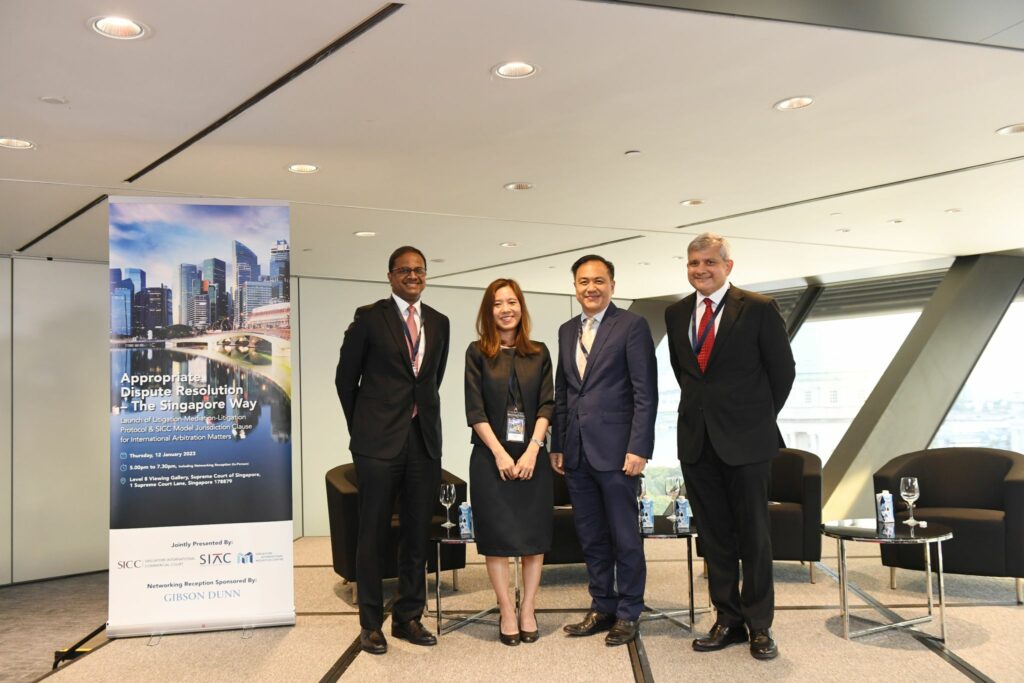 Fireside chat at the launch of LML Protocol and SICC Model Jurisdiction Clause for International Arbitration Matters with the following speakers (from right to left): Justice Philip Jeyaretnam, President of SICC, Chuan Wee Meng, CEO of SIMC, Gloria Lim, CEO of SIAC, Siraj Omar SC, Director, Disputes Resolution, Drew & Napier (Moderator)
