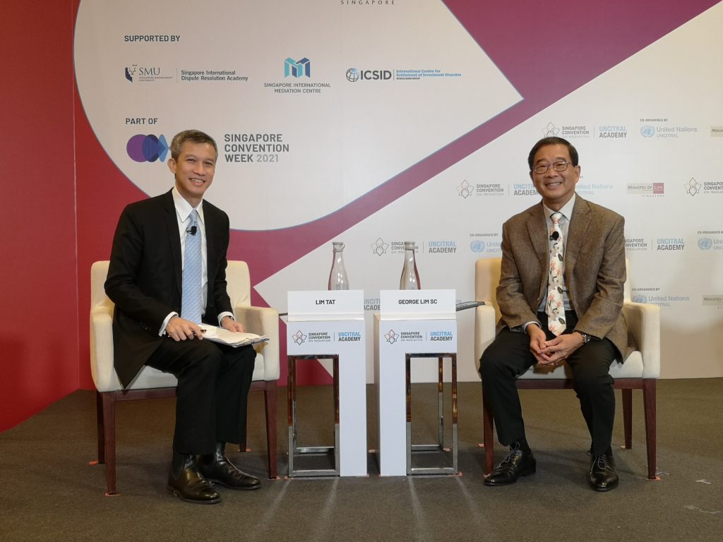 Leading the fireside chat in studio (from left): Lim Tat, Founding Partner, Aequitas Law, and George Lim SC, Chairman, SIMC.